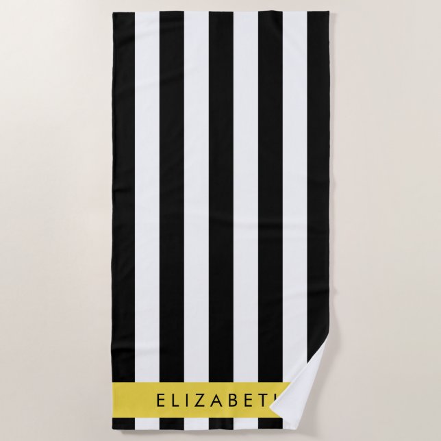 Black and White Stripes, Striped, Lines, Your Name Beach Towel (Front)