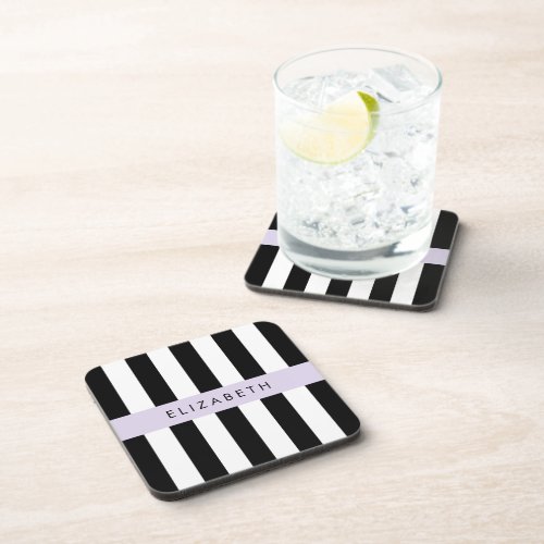 Black and White Stripes Striped Lines Your Name Beverage Coaster