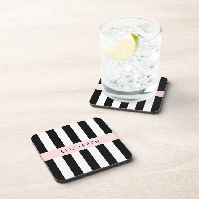 Black and White Stripes, Striped, Lines, Your Name Beverage Coaster (Right Side)