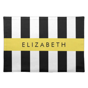 Black and White Stripes, Striped, Lines, Your Name Cloth Placemat