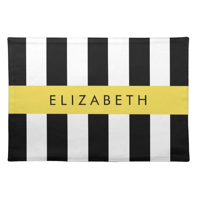 Black and White Stripes, Striped, Lines, Your Name Cloth Placemat (Front)