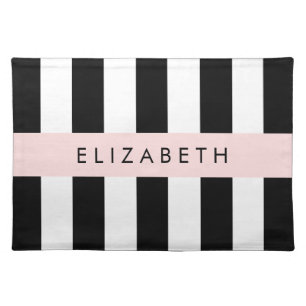 Black and White Stripes, Striped, Lines, Your Name Cloth Placemat