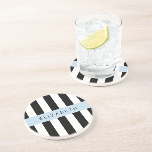 Black and White Stripes Striped Lines Your Name Coaster