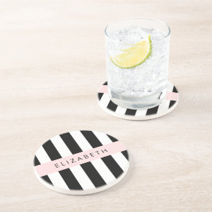 Black and White Stripes, Striped, Lines, Your Name Coaster