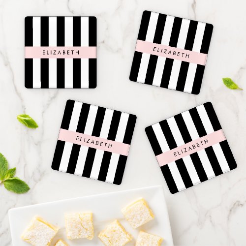 Black and White Stripes Striped Lines Your Name Coaster Set