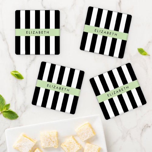 Black and White Stripes Striped Lines Your Name Coaster Set