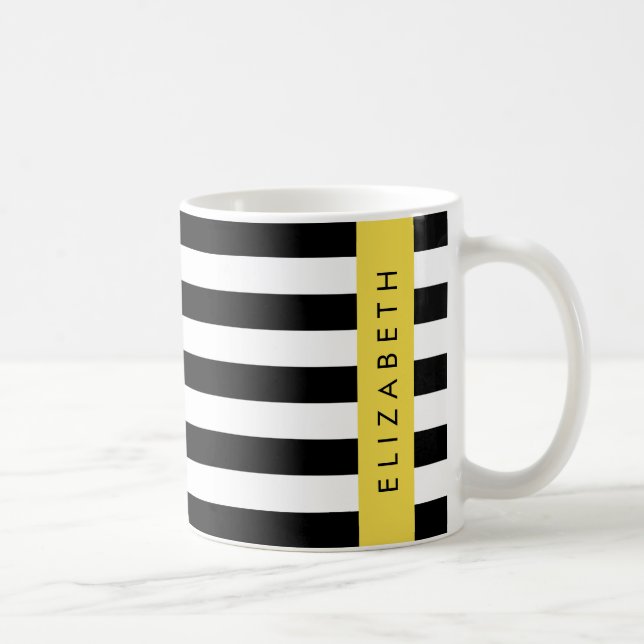 Black and White Stripes, Striped, Lines, Your Name Coffee Mug (Right)