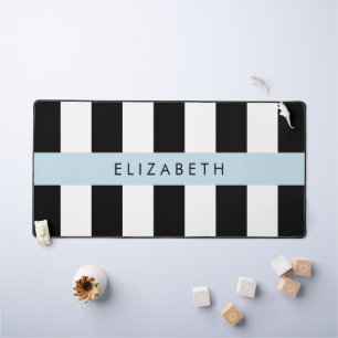 Black and White Stripes, Striped, Lines, Your Name Desk Mat