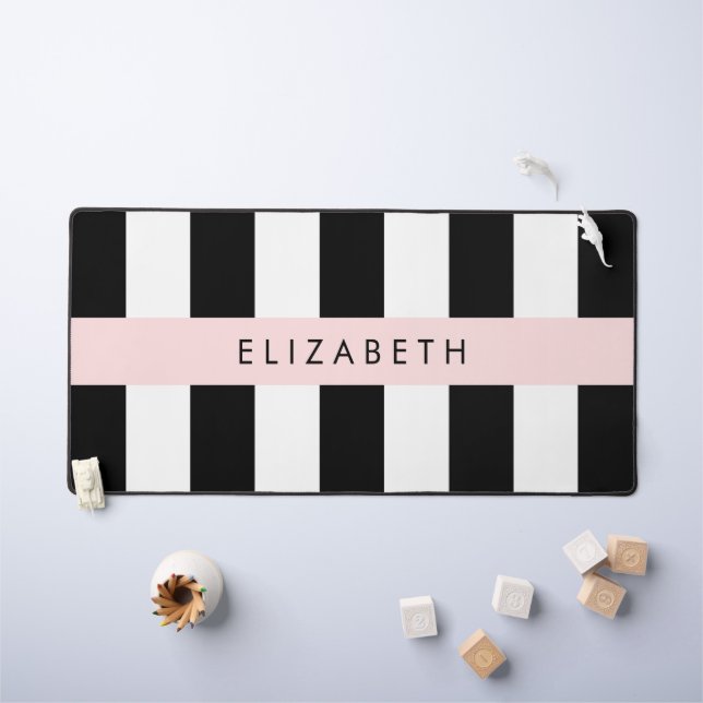Black and White Stripes, Striped, Lines, Your Name Desk Mat (Kids Table)