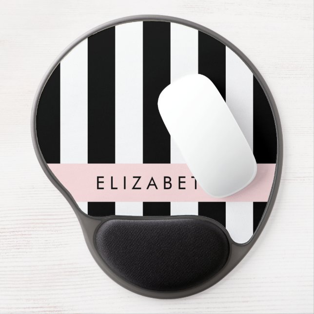 Black and White Stripes, Striped, Lines, Your Name Gel Mouse Pad (Left Side)