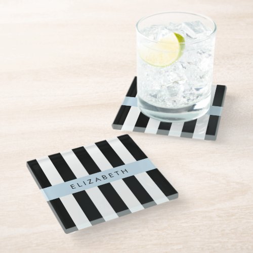 Black and White Stripes Striped Lines Your Name Glass Coaster