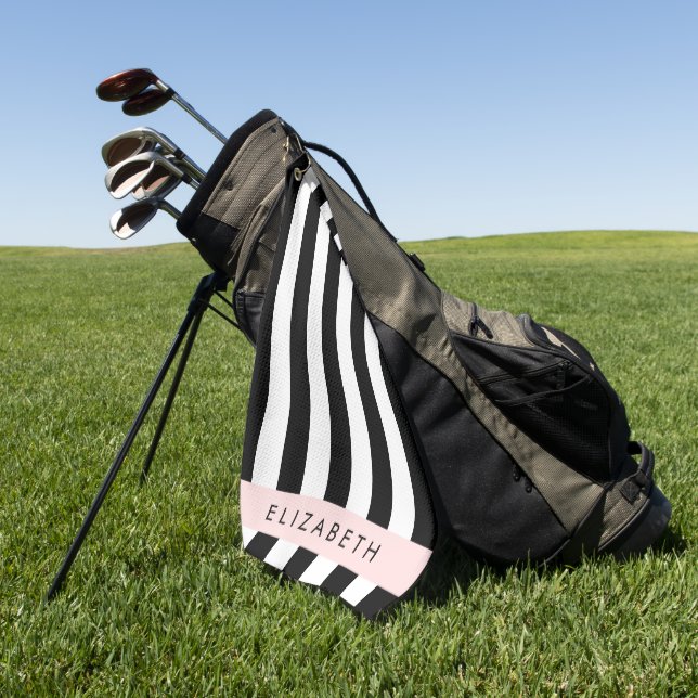 Black and White Stripes, Striped, Lines, Your Name Golf Towel (Green)