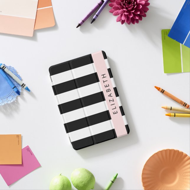 Black and White Stripes, Striped, Lines, Your Name iPad Mini Cover (In Situ)