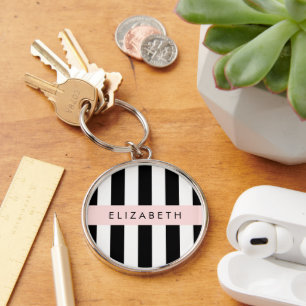 Black and White Stripes, Striped, Lines, Your Name Keychain