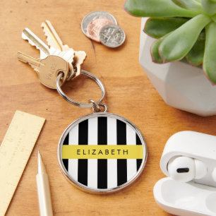 Black and White Stripes, Striped, Lines, Your Name Keychain