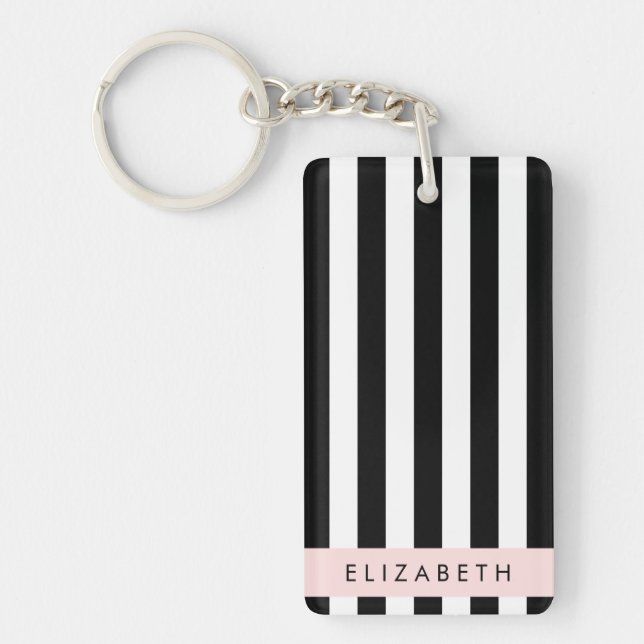 Black and White Stripes, Striped, Lines, Your Name Keychain (Front)