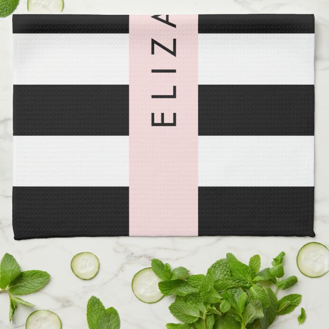 Black and White Stripes, Striped, Lines, Your Name Kitchen Towel (Folded)