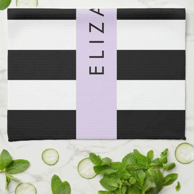 Black and White Stripes, Striped, Lines, Your Name Kitchen Towel (Folded)