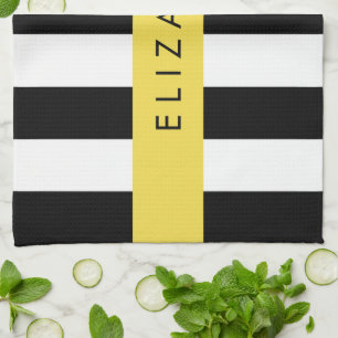 Black and White Stripes, Striped, Lines, Your Name Kitchen Towel