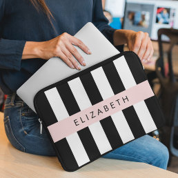 Black and White Stripes, Striped, Lines, Your Name Laptop Sleeve