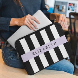 Black and White Stripes, Striped, Lines, Your Name Laptop Sleeve