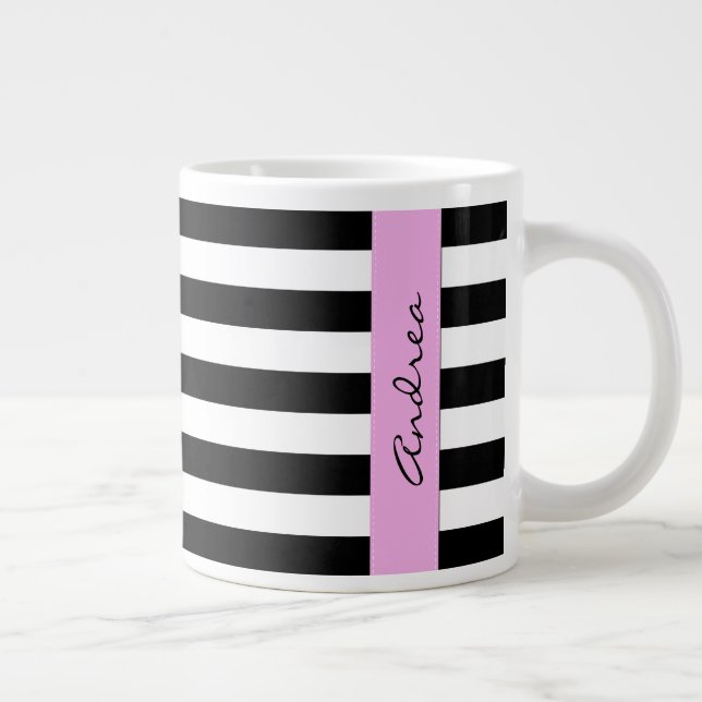 Black and White Stripes, Striped, Lines, Your Name Large Coffee Mug (Right)