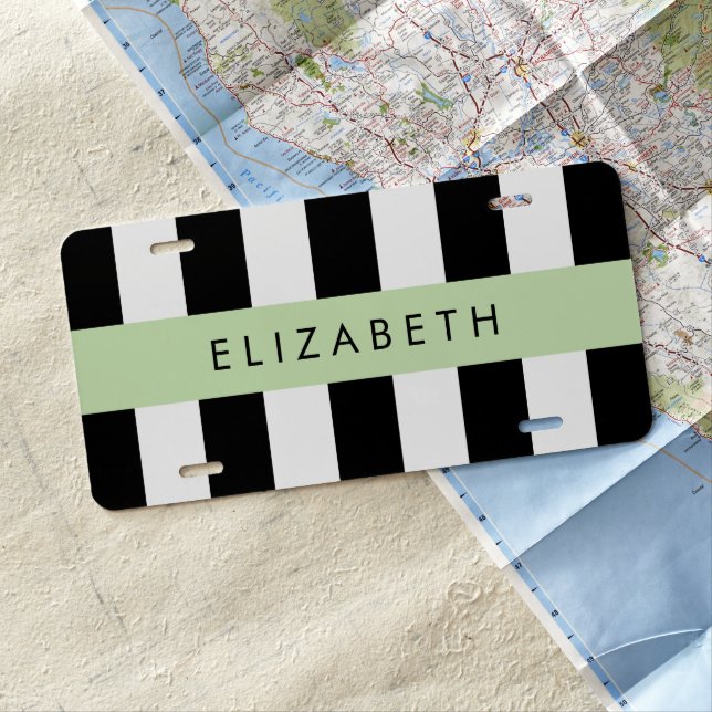 Black and White Stripes, Striped, Lines, Your Name License Plate (In Situ)