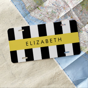 Black and White Stripes, Striped, Lines, Your Name License Plate