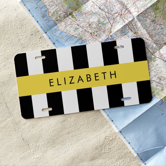 Black and White Stripes, Striped, Lines, Your Name License Plate (In Situ)
