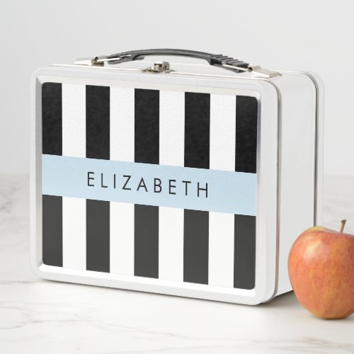 Black and White Stripes Striped Lines Your Name Metal Lunch Box
