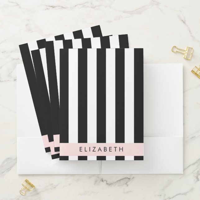 Black and White Stripes, Striped, Lines, Your Name Pocket Folder (In Situ)