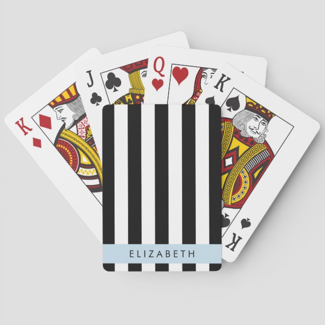 Black and White Stripes, Striped, Lines, Your Name Poker Cards (Back)