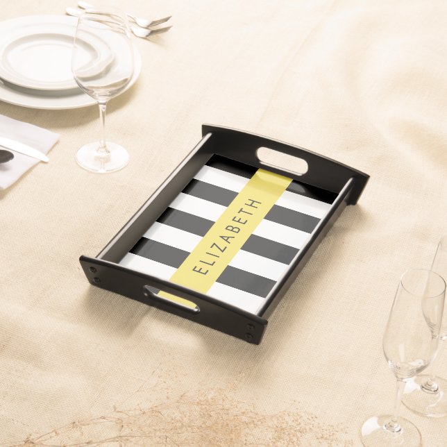Black and White Stripes, Striped, Lines, Your Name Serving Tray (Front)