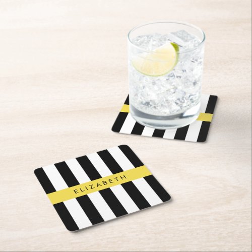 Black and White Stripes Striped Lines Your Name Square Paper Coaster