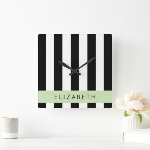 Black and White Stripes, Striped, Lines, Your Name Square Wall Clock
