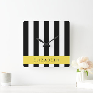 Black and White Stripes, Striped, Lines, Your Name Square Wall Clock
