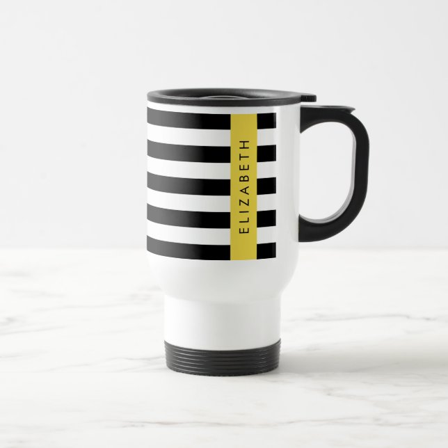 Black and White Stripes, Striped, Lines, Your Name Travel Mug (Right)