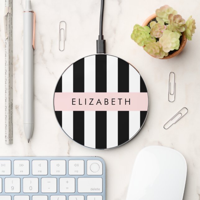 Black and White Stripes, Striped, Lines, Your Name Wireless Charger (Desk)