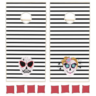Black and White Stripes Sugar Skull Male/Female Cornhole Set