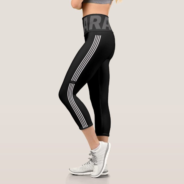 Black and White Stripes Trendy Stylish Monogram Capri Leggings (Left)
