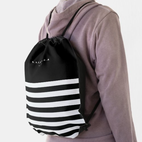 Black and White Stripes Trendy Stylish Monogram Drawstring Bag
