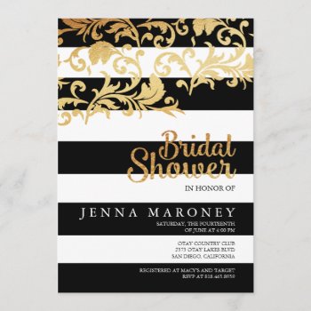 Black And White Stripes W/ Gold Foil Bridal Shower Invitation by GreenLeafDesigns at Zazzle