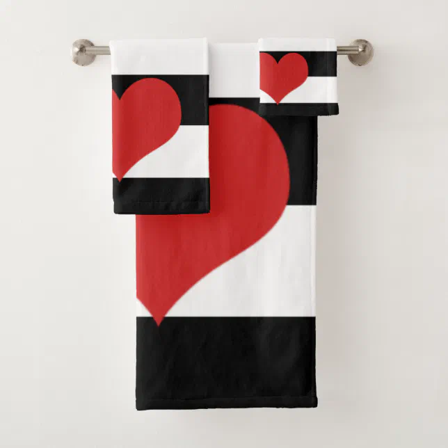 Black and White Stripes w/Red Heart Bath Towel Set Zazzle