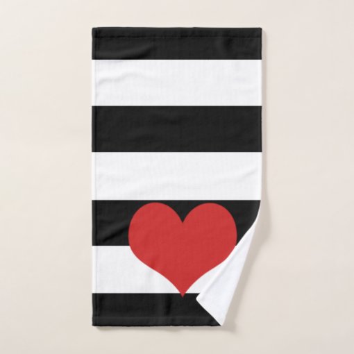 Black and White Stripes w/Red Heart Bath Towel Set Zazzle