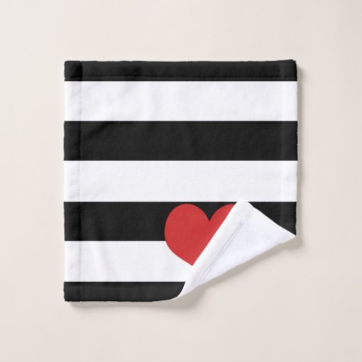 Black and White Stripes w/Red Heart Bath Towel Set Zazzle