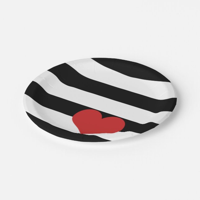Black and White Stripes w/Red Heart Paper Plates (Angled)