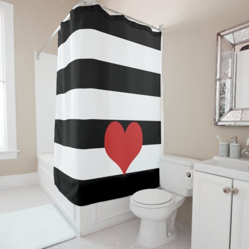 Black and White Stripes wRed Heart Shower Curtain