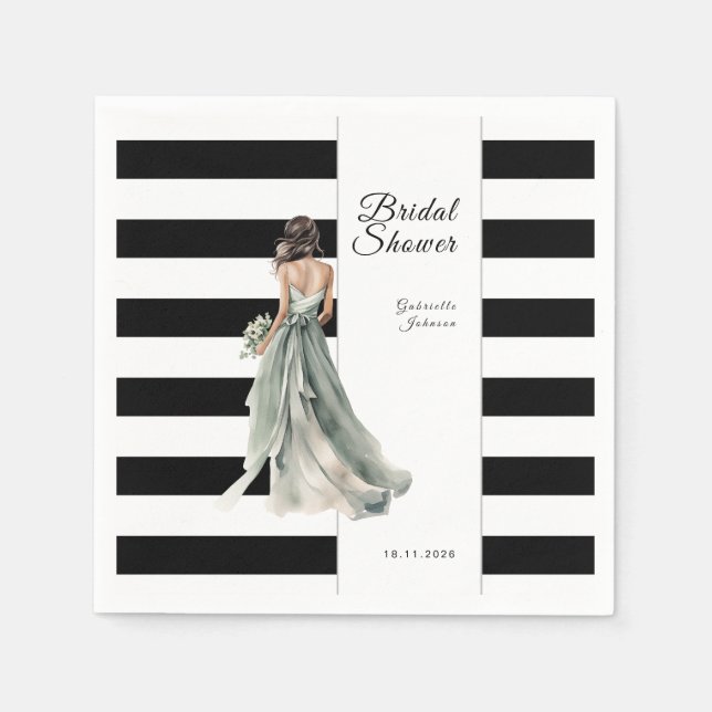 Black and White Stripes Watercolor Bridal Shower Napkins (Front)