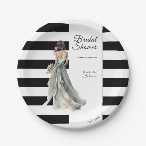 Black and White Stripes Watercolor Bridal Shower Paper Plates
