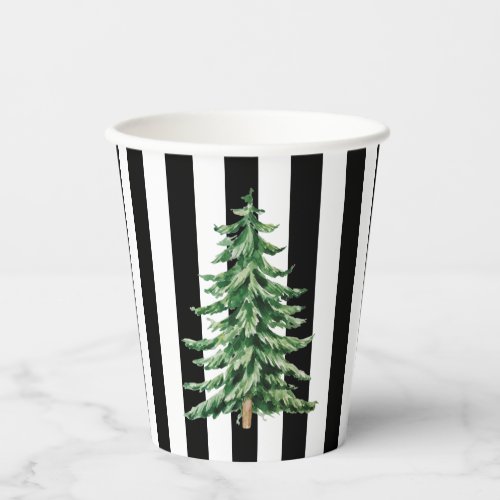 Black and White Stripes Watercolor Christmas Tree Paper Cups